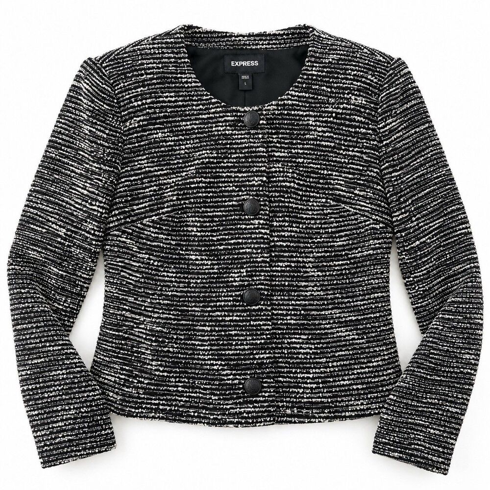 Express Women's Black White Tweed Button Front Jacket Size L